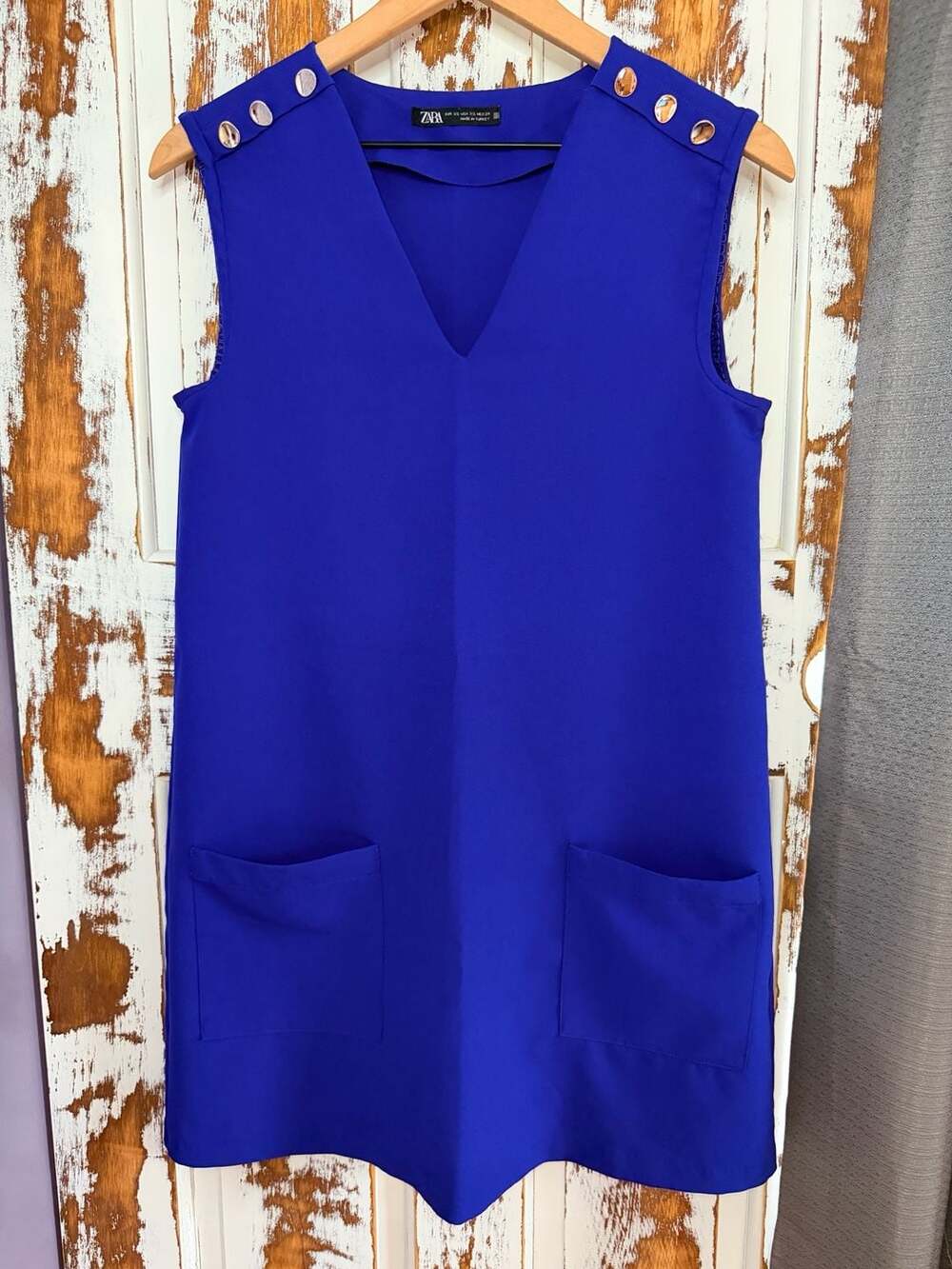 Zara Sleeveless V-Neck Shift Mini Dress Royal Blue Size XS Pocket Detail y2k